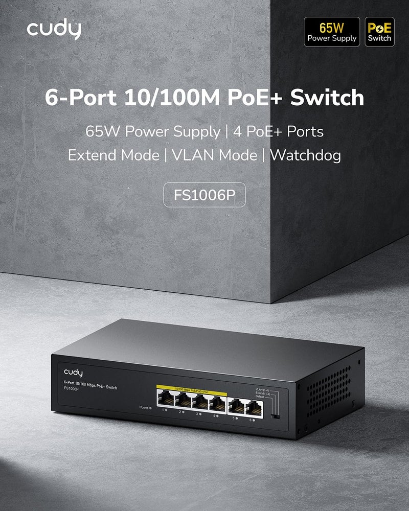 Cudy FS1006P 6-Port 10/100M PoE Switch 60W, 4 PoE Ports, CCTV Mode (Transmit Distance to 250m at 10Mbps), PD Detection,Fan-Less, Steel Case, Desktop and Wall-Mount, 802.3at / 802.3af - Image 2